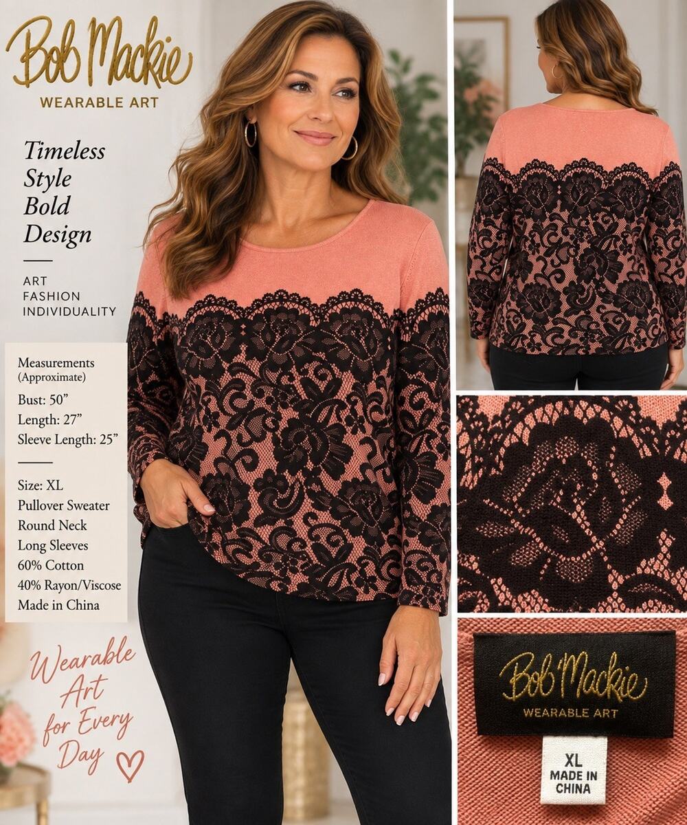 Bob Mackie Wearable Art XL Coral Black Floral Lace Look Pullover Sweater retro